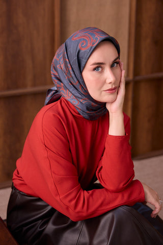 Twill İpek Eşarp Floral Paisley Koyu Füme - Twill İpek Eşarp - | Silk Home