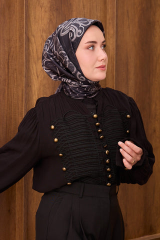 Twill İpek Eşarp Floral Paisley Koyu Lacivert - Twill İpek Eşarp - | Silk Home