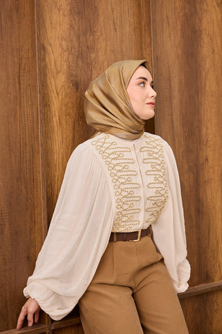 Twill İpek Eşarp Fluid Lines Hardal - Twill İpek Eşarp - | Silk Home