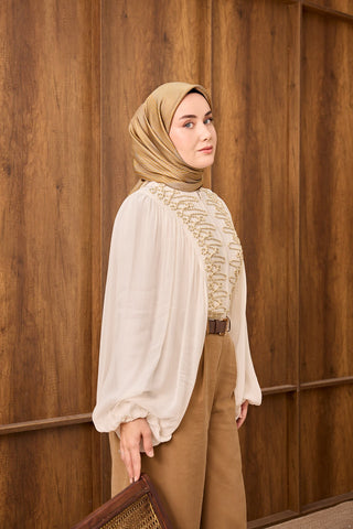 Twill İpek Eşarp Fluid Lines Hardal - Twill İpek Eşarp - | Silk Home