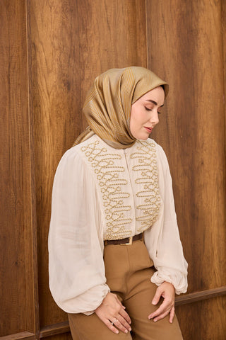Twill İpek Eşarp Fluid Lines Hardal - Twill İpek Eşarp - | Silk Home