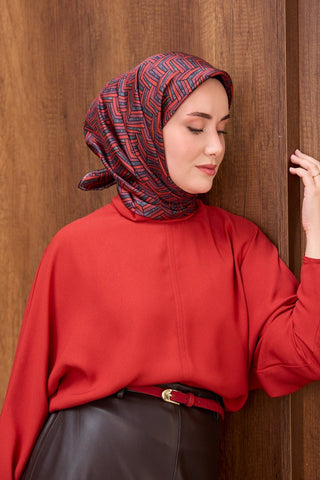 Twill İpek Eşarp Geometric Pattern Bordo - Twill İpek Eşarp - | Silk Home