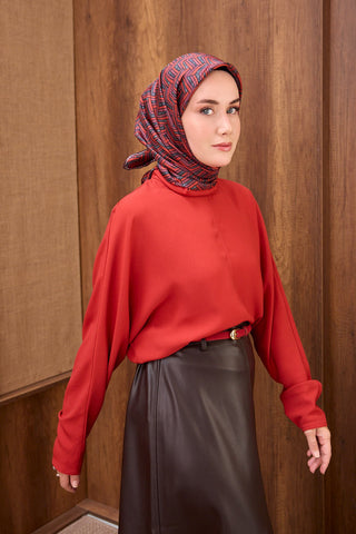 Twill İpek Eşarp Geometric Pattern Bordo - Twill İpek Eşarp - | Silk Home