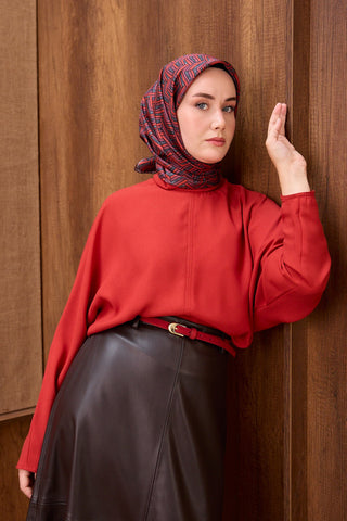 Twill İpek Eşarp Geometric Pattern Bordo - Twill İpek Eşarp - | Silk Home