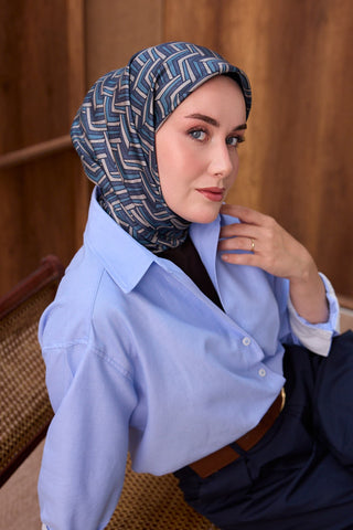 Twill İpek Eşarp Geometric Pattern Gece Mavisi - Twill İpek Eşarp - | Silk Home