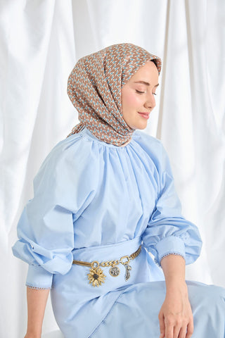 Twill İpek Eşarp Geometric Pattern Kahverengi - Twill İpek Eşarp - | Silk Home