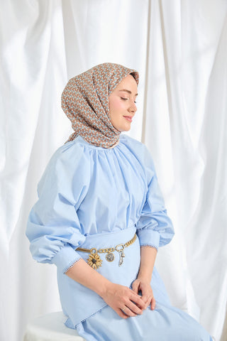 Twill İpek Eşarp Geometric Pattern Kahverengi - Twill İpek Eşarp - | Silk Home