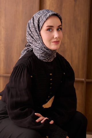 Twill İpek Eşarp Geometric Pattern Siyah - Twill İpek Eşarp - | Silk Home