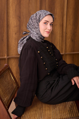 Twill İpek Eşarp Geometric Pattern Siyah - Twill İpek Eşarp - | Silk Home
