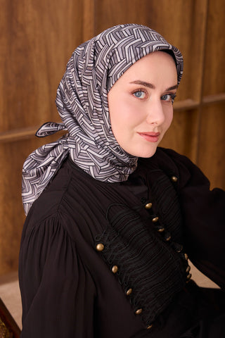 Twill İpek Eşarp Geometric Pattern Siyah - Twill İpek Eşarp - | Silk Home