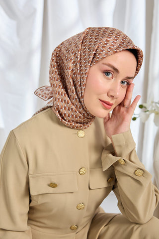 Twill İpek Eşarp Geometric Pattern Sütlü Kahve - Twill İpek Eşarp - | Silk Home