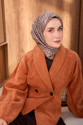 Twill İpek Eşarp Geometric Pattern Sütlü Kahve - Twill İpek Eşarp - | Silk Home