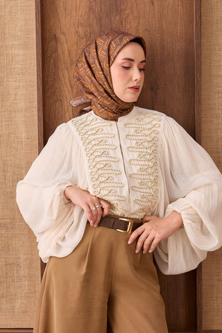 Twill İpek Eşarp Geometric Pattern Taba - Twill İpek Eşarp - | Silk Home