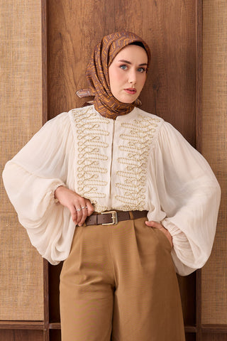 Twill İpek Eşarp Geometric Pattern Taba - Twill İpek Eşarp - | Silk Home