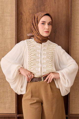 Twill İpek Eşarp Geometric Pattern Taba - Twill İpek Eşarp - | Silk Home