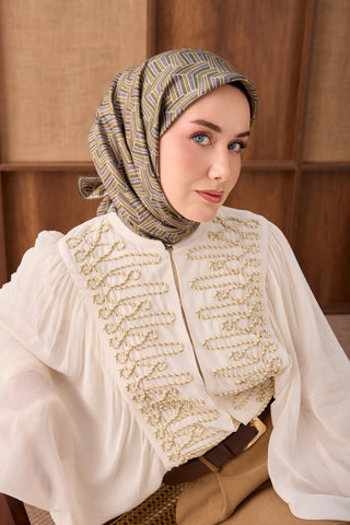 Twill İpek Eşarp Geometric Pattern Yeşil - Twill İpek Eşarp - | Silk Home