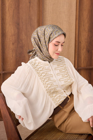 Twill İpek Eşarp Geometric Pattern Yeşil - Twill İpek Eşarp - | Silk Home