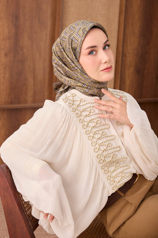 Twill İpek Eşarp Geometric Pattern Yeşil - Twill İpek Eşarp - | Silk Home
