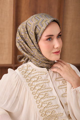 Twill İpek Eşarp Geometric Pattern Yeşil - Twill İpek Eşarp - | Silk Home