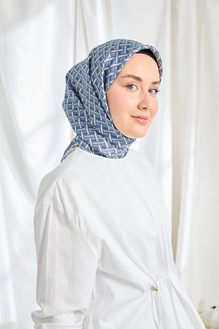 Twill İpek Eşarp Geometrik İndigo