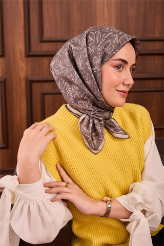 Twill İpek Eşarp Gri-Gümüş Çiçek Desenli Tok Duruşlu Kaymaz 90X90