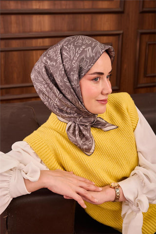 Twill İpek Eşarp Gri-Gümüş Çiçek Desenli Tok Duruşlu Kaymaz 90X90