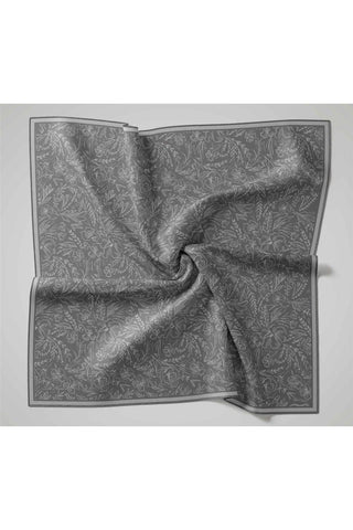 Twill İpek Eşarp Gri-Gümüş Çiçek Desenli Tok Duruşlu Kaymaz 90X90