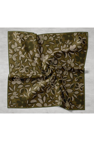 Twill İpek Eşarp Haki Koyu Yeşil Bej Papatya Desenli Tok Duruşlu 90X90