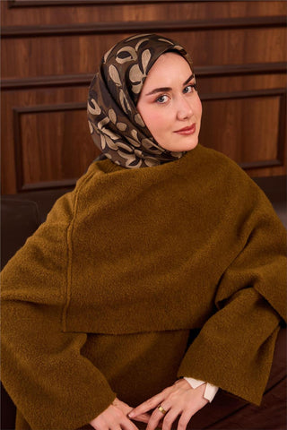 Twill İpek Eşarp Haki Koyu Yeşil Bej Papatya Desenli Tok Duruşlu 90X90