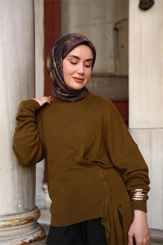 Twill İpek Eşarp Kahverengi-Yeşil Çiçek Desenli Tok Duruşlu Kaymaz 90X90