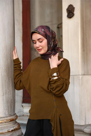 Twill İpek Eşarp Kahverengi-Yeşil Çiçek Desenli Tok Duruşlu Kaymaz 90X90