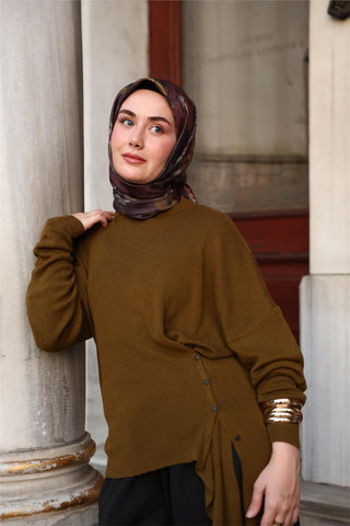 Twill İpek Eşarp Kahverengi-Yeşil Çiçek Desenli Tok Duruşlu Kaymaz 90X90