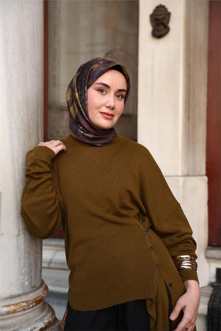 Twill İpek Eşarp Kahverengi-Yeşil Çiçek Desenli Tok Duruşlu Kaymaz 90X90