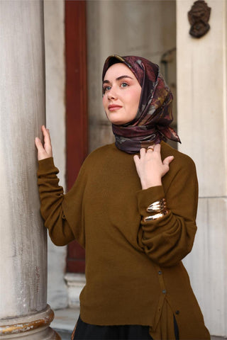 Twill İpek Eşarp Kahverengi-Yeşil Çiçek Desenli Tok Duruşlu Kaymaz 90X90