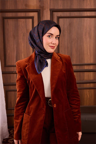 Twill İpek Eşarp Kahverengi Lacivert Saks Çizgili Tok Duruşlu 90X90
