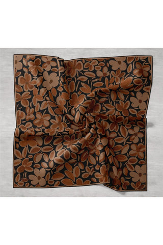 Twill İpek Eşarp Kahverengi-Sütlü Kahve Papatya Desenli Tok Duruşlu 90X90