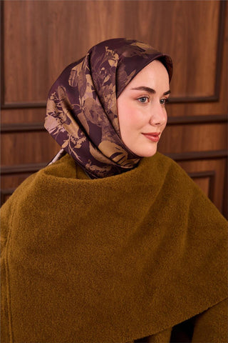 Twill İpek Eşarp Koyu Bordo-Vizon Çiçek Desenli Tok Formlu Kaymaz 90X90