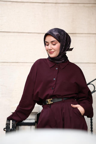 Twill İpek Eşarp Koyu Mor Çiçek Desenli Tok Duruşlu 90X90