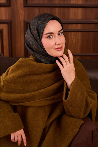 Twill İpek Eşarp Koyu Yeşil-Olive Çiçek Desenli Tok Duruşlu Kaymaz 90X90
