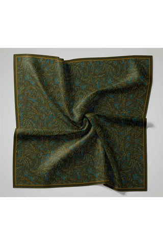 Twill İpek Eşarp Koyu Yeşil-Olive Çiçek Desenli Tok Duruşlu Kaymaz 90X90