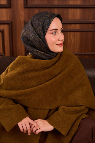 Twill İpek Eşarp Koyu Yeşil-Olive Çiçek Desenli Tok Duruşlu Kaymaz 90X90