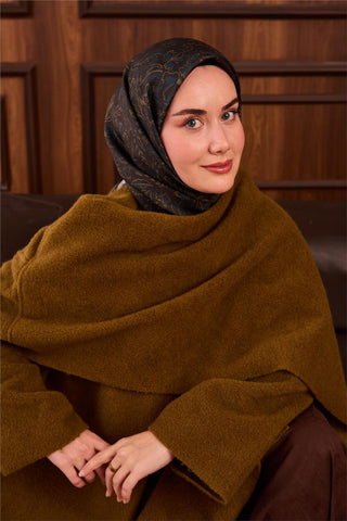 Twill İpek Eşarp Koyu Yeşil-Olive Çiçek Desenli Tok Duruşlu Kaymaz 90X90