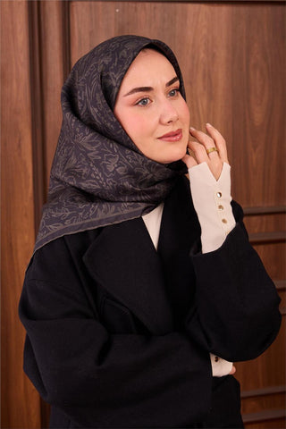 Twill İpek Eşarp Koyu Yeşil Çiçek Desenli Tok Duruşlu Kaymaz 90X90