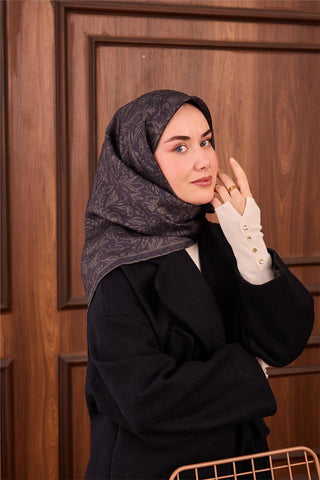 Twill İpek Eşarp Koyu Yeşil Çiçek Desenli Tok Duruşlu Kaymaz 90X90