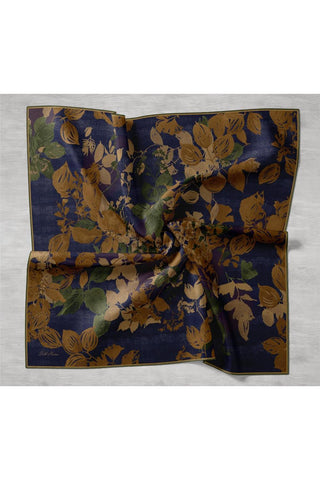 Twill İpek Eşarp Lacivert Çiçek Desenli Tok Duruşlu 90X90