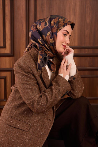 Twill İpek Eşarp Lacivert Çiçek Desenli Tok Duruşlu 90X90