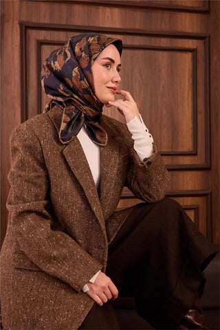 Twill İpek Eşarp Lacivert Çiçek Desenli Tok Duruşlu 90X90
