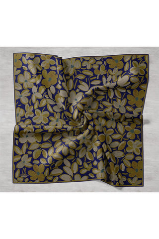 Twill İpek Eşarp Lacivert Yeşil Vizon Papatya Desenli Tok Duruşlu 90X90