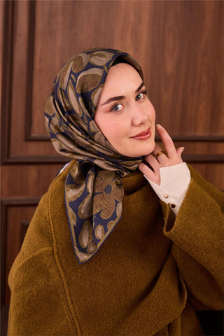 Twill İpek Eşarp Lacivert Yeşil Vizon Papatya Desenli Tok Duruşlu 90X90