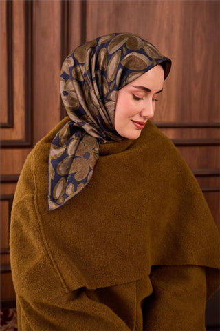 Twill İpek Eşarp Lacivert Yeşil Vizon Papatya Desenli Tok Duruşlu 90X90